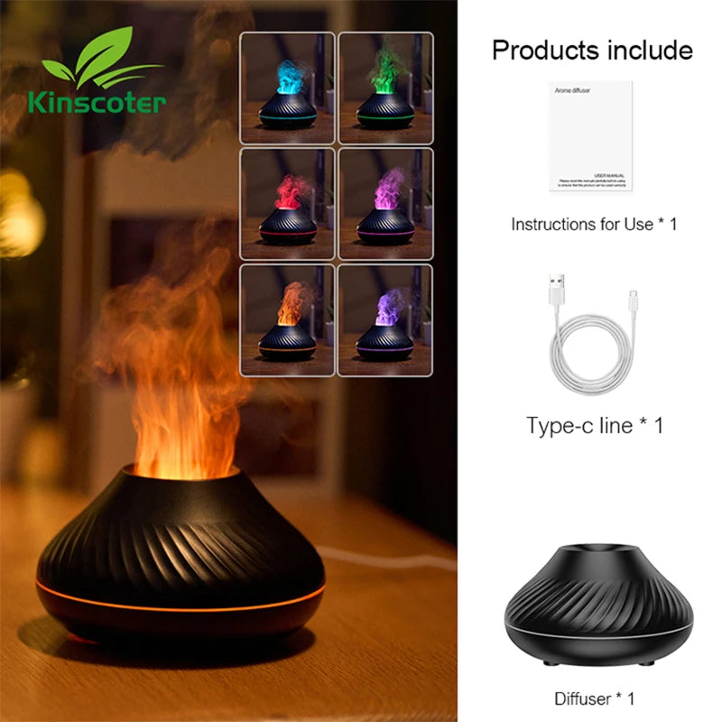 Kinscoter-difusor de Aroma volcánico, lámpara de aceite esencial, humidificador de aire portátil USB de 130ml con luz nocturna de llama de Color